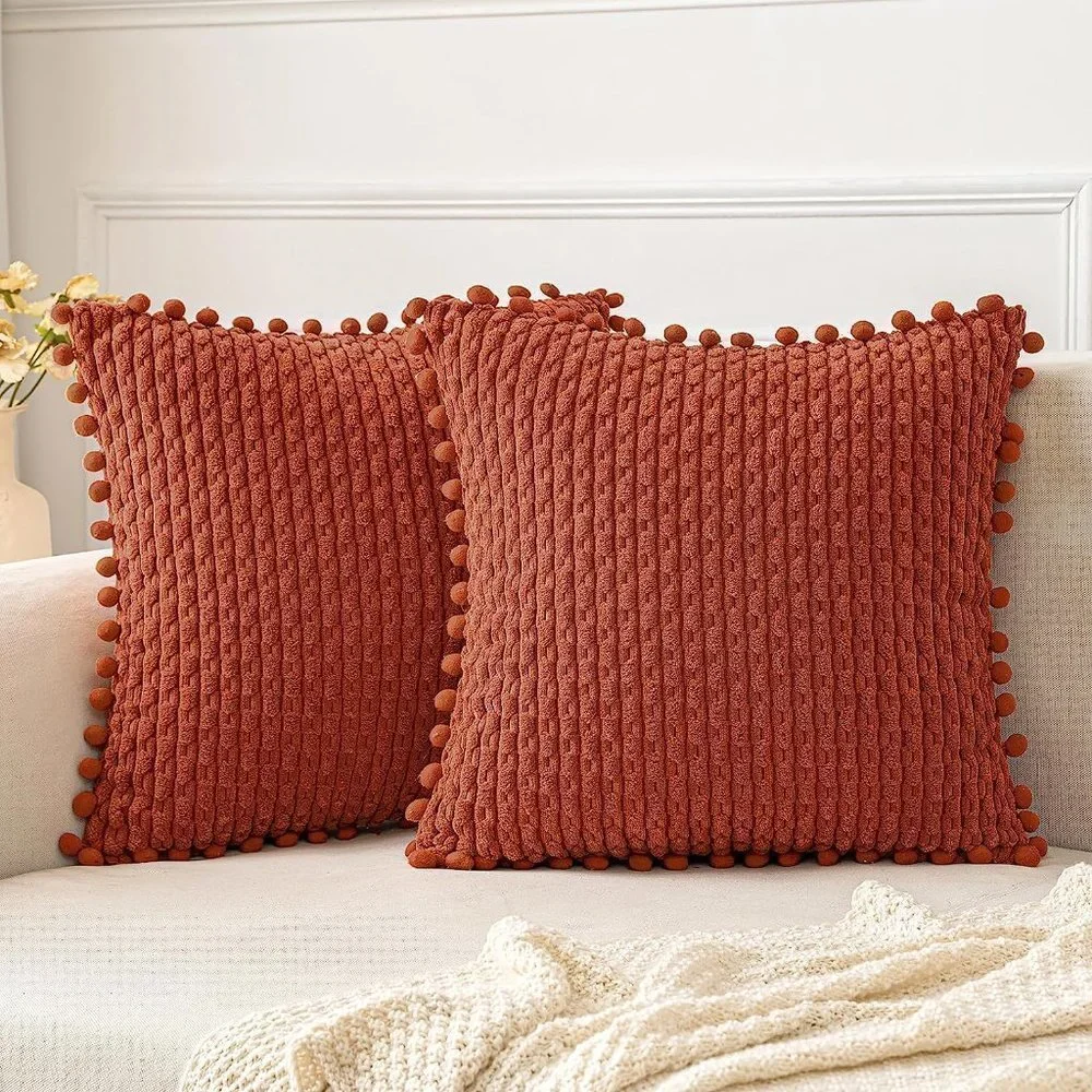 Pompom Orange Stripe Texture Corduroy Farmhouse Cute Luxury Soft PillowCover Set